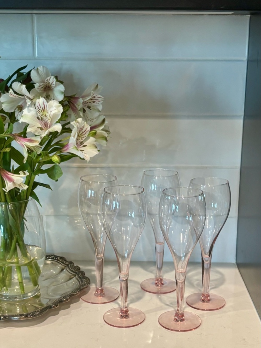 Vintage Pink Stem Champagne Flutes – Blush Stemware – Set of Five